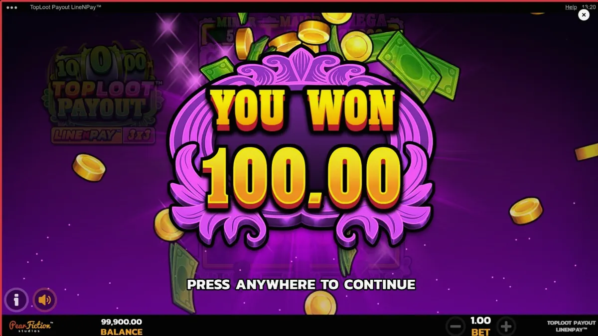 Interface do jogo TopLoot Payout LineNPay com símbolos de tesouro